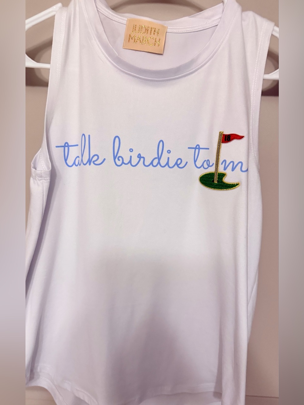 Judith March White Tank with Blue Script and Embroidered Golf Flag